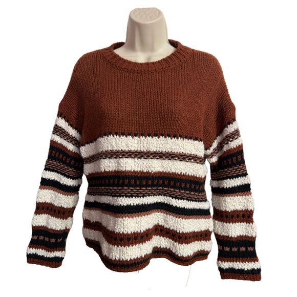 Elsamdna Athropologie Brown Striped Chunky Knit Sweater Size L - Picture 3 of 9